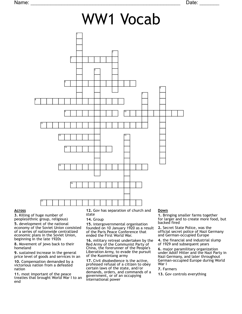 WW1 Vocab Crossword