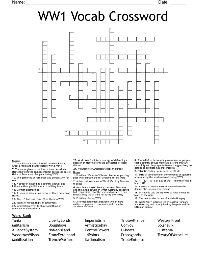 WW1 Vocab Crossword