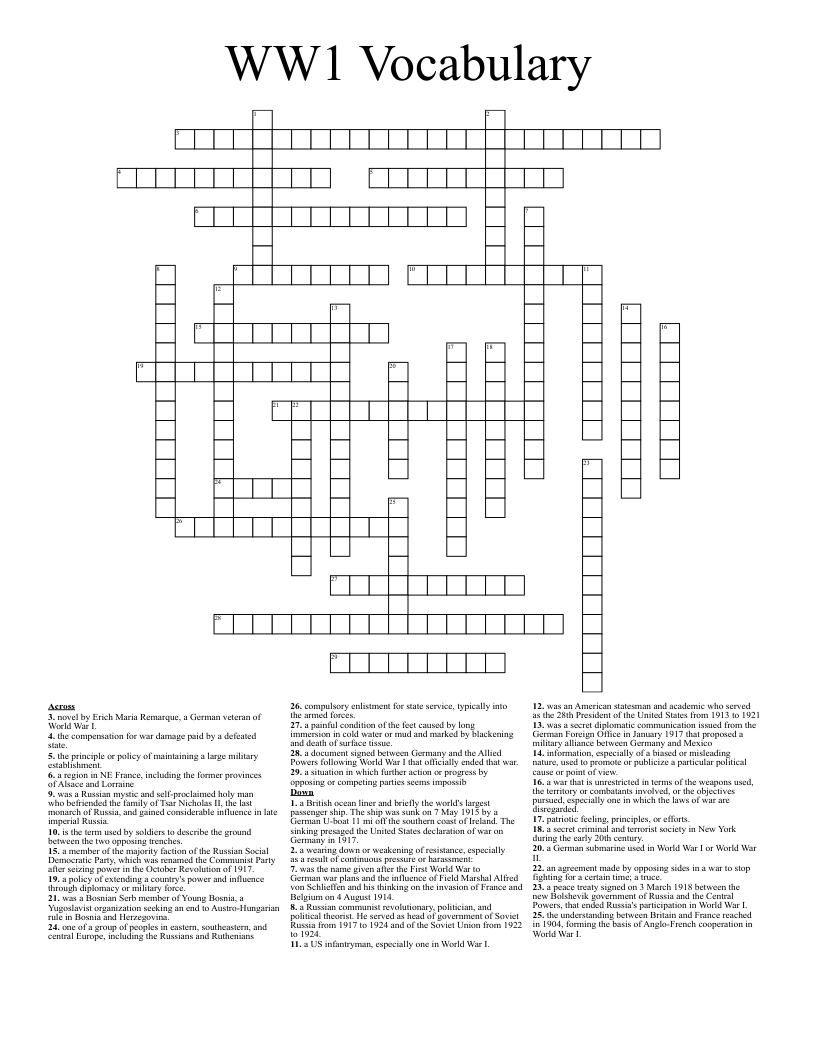 WW1 Vocabulary Crossword