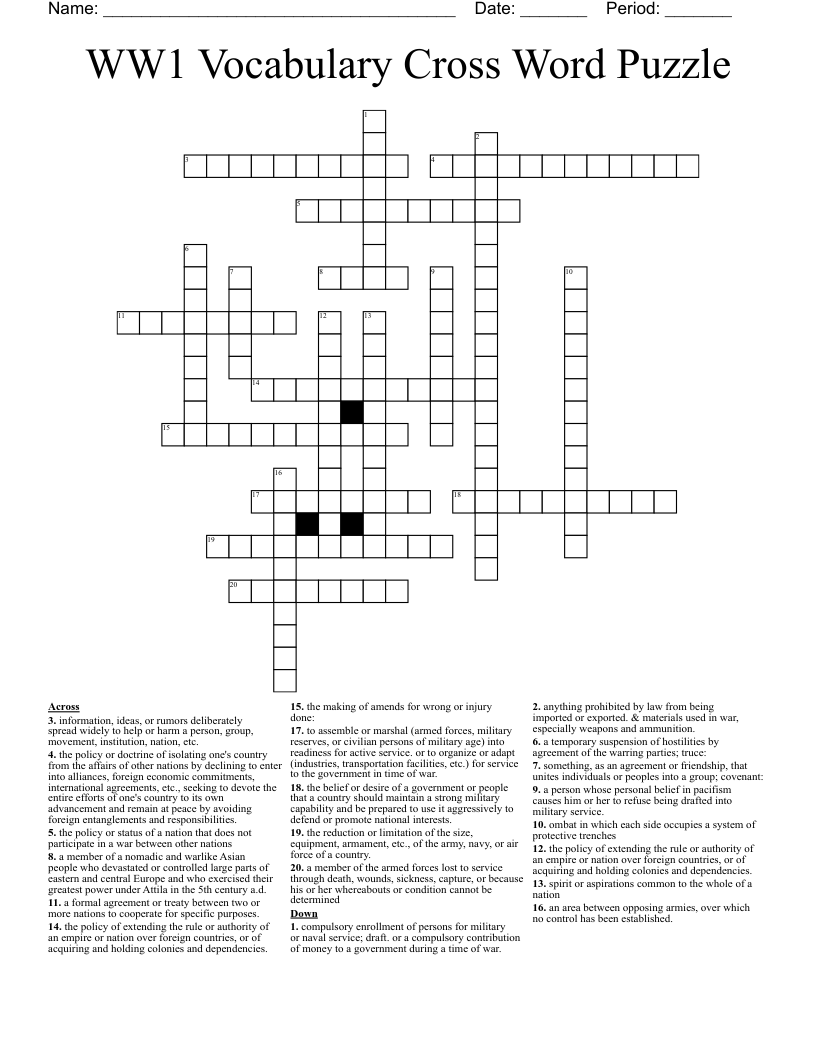 WW1 Vocabulary Cross Word Puzzle