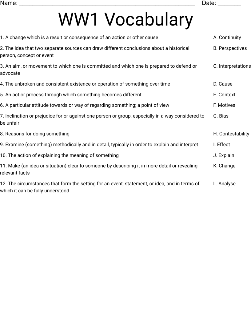 WW1 Vocabulary  Worksheet