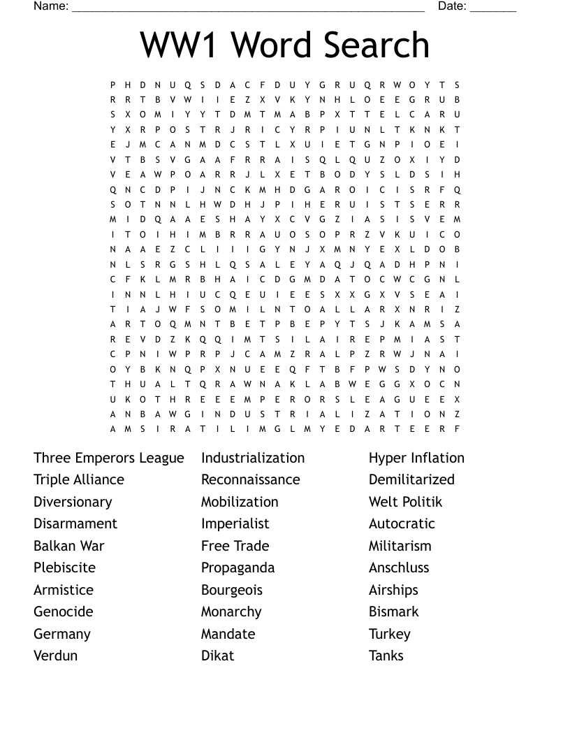 WW1 Word Search