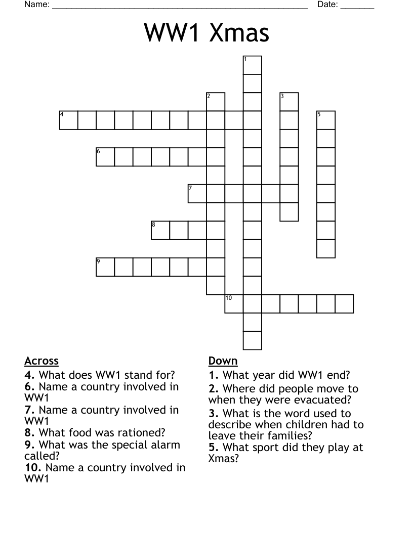 WW1 Xmas Crossword