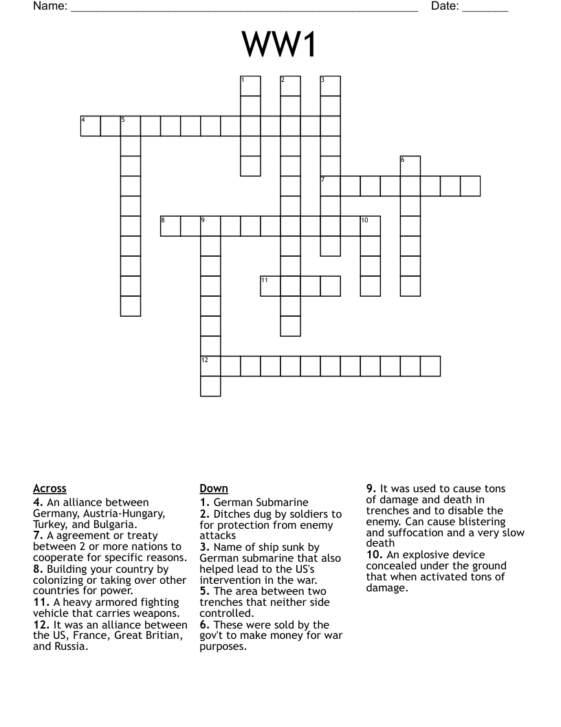 WW1  Crossword