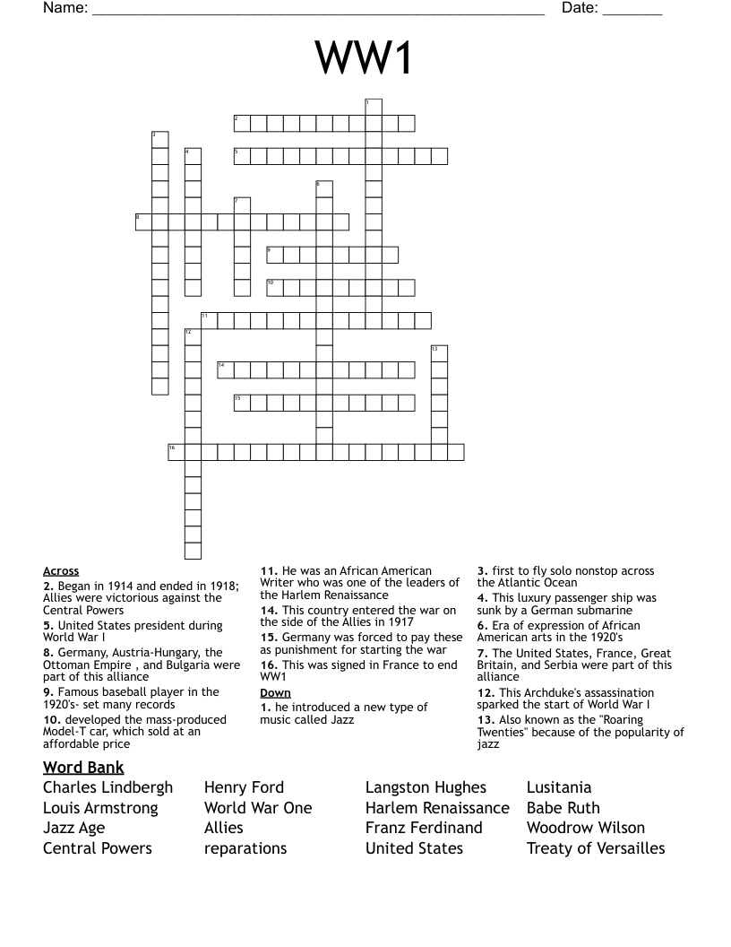 WW1  Crossword