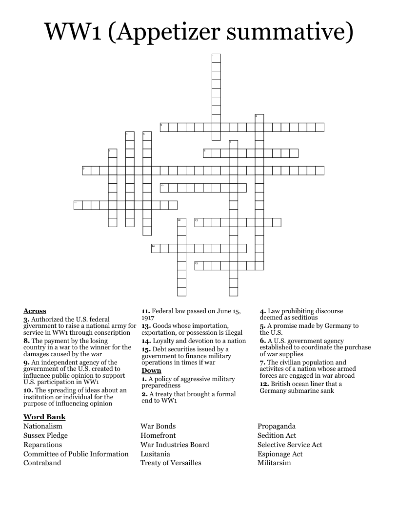 WW1  (Appetizer summative) Crossword