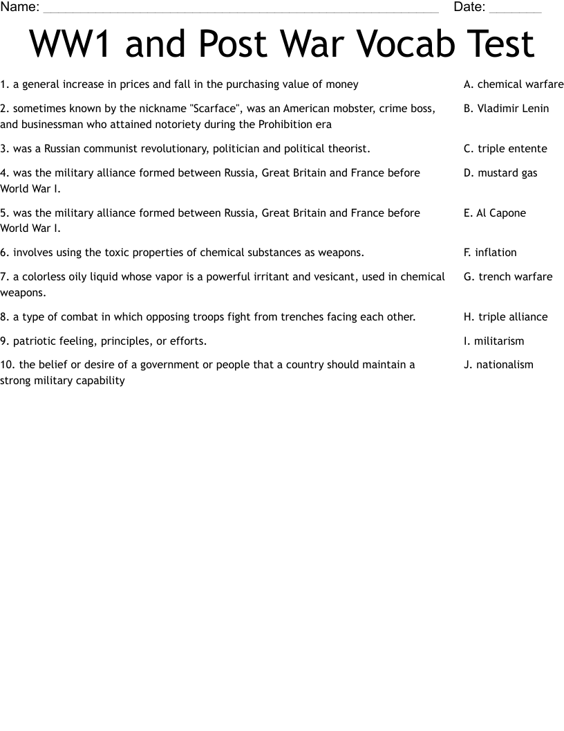 WW1 and Post War Vocab Test Worksheet
