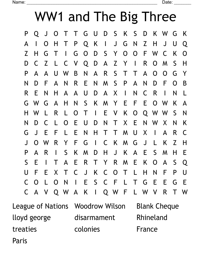WW1 and The Big Three Word Search