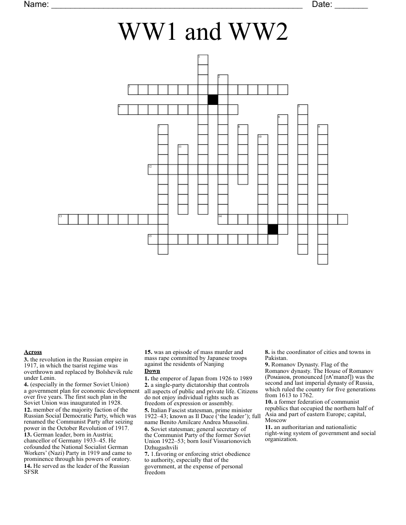 WW1 and WW2 Crossword