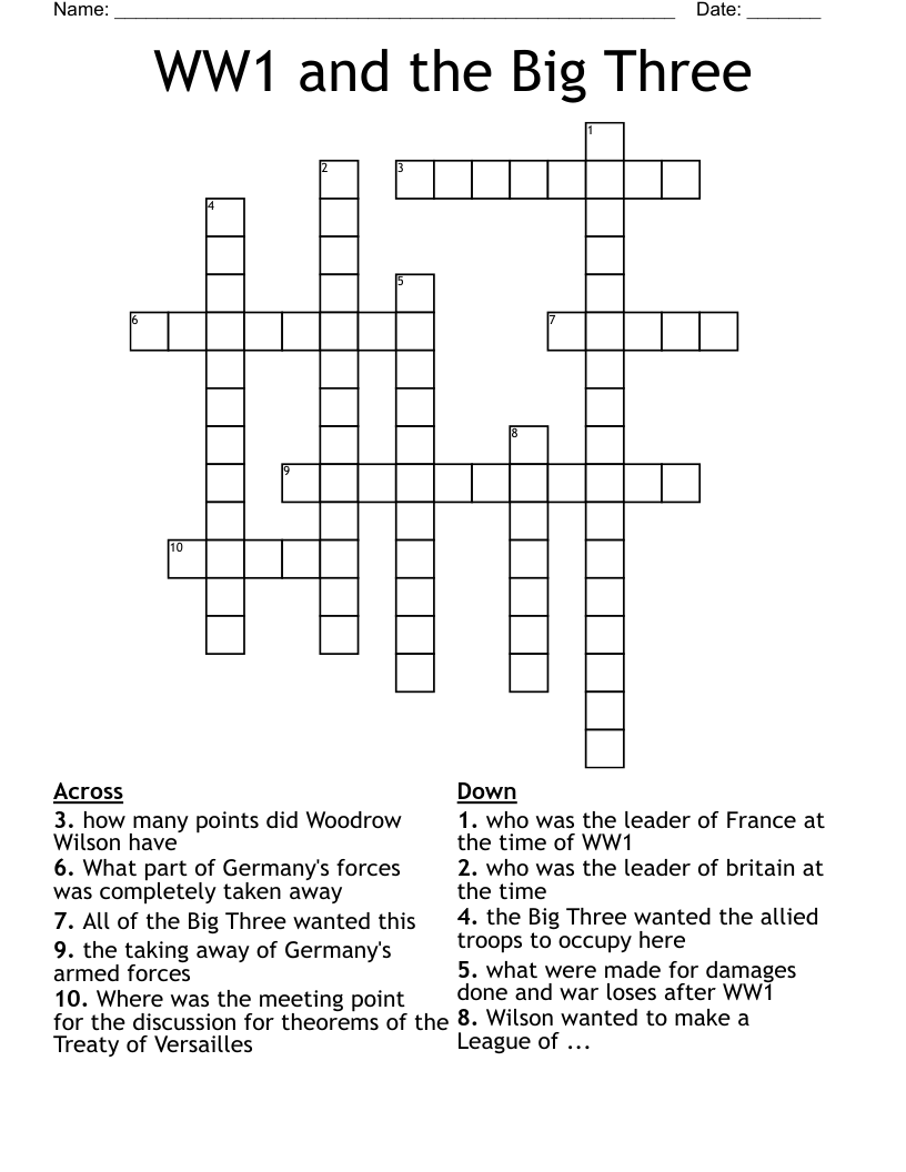 WW1 and the Big Three Crossword