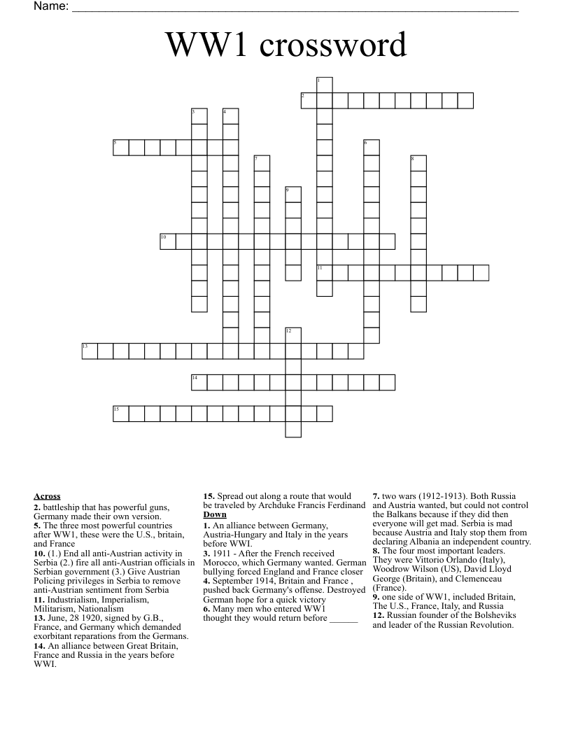 WW1 crossword