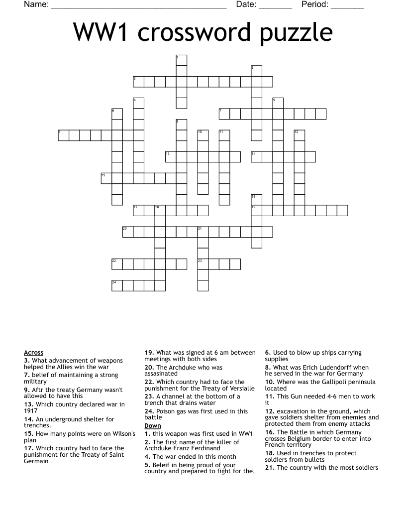 WW1 crossword puzzle