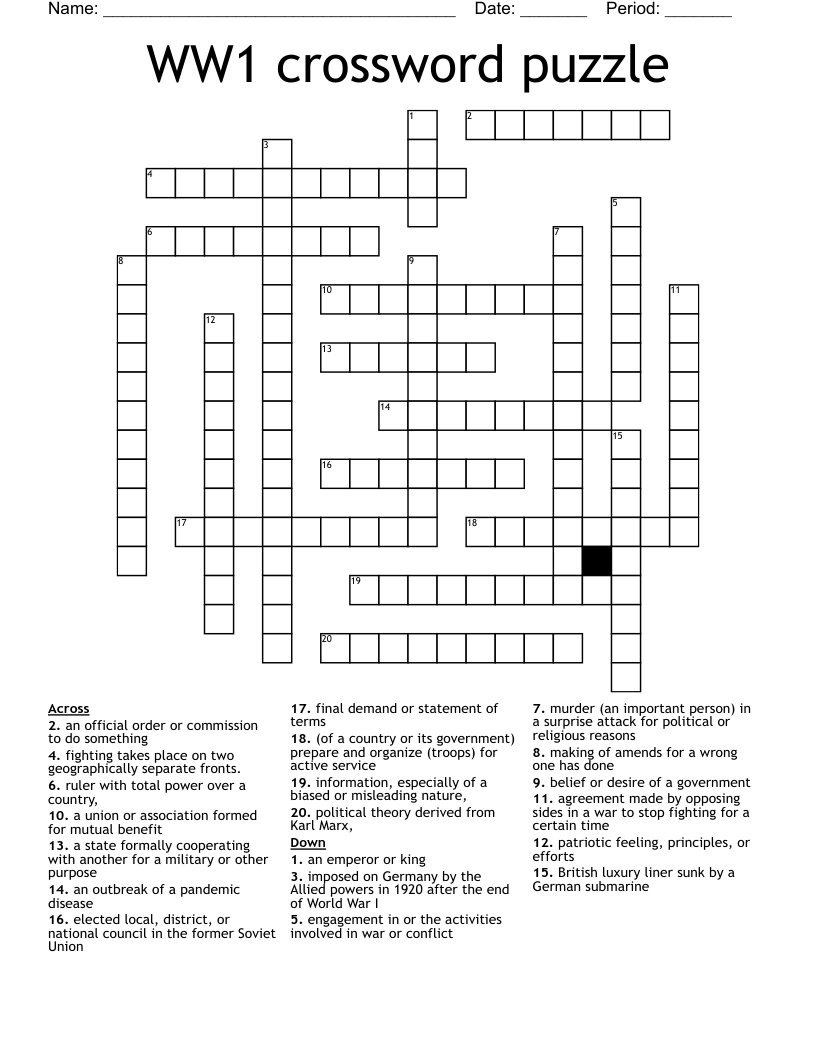 WW1 crossword puzzle