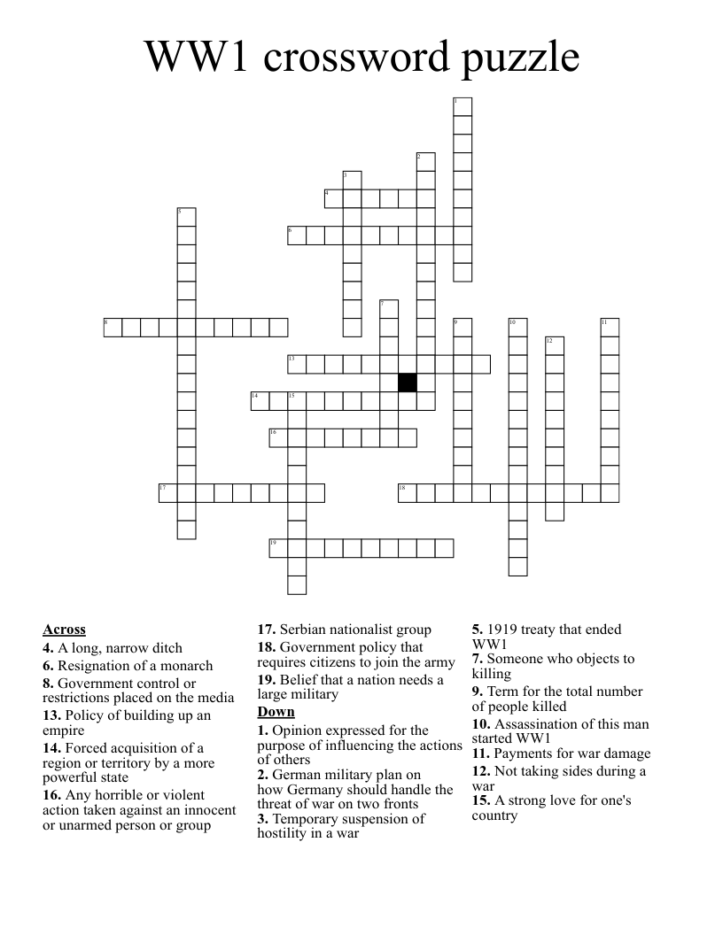 WW1 crossword puzzle
