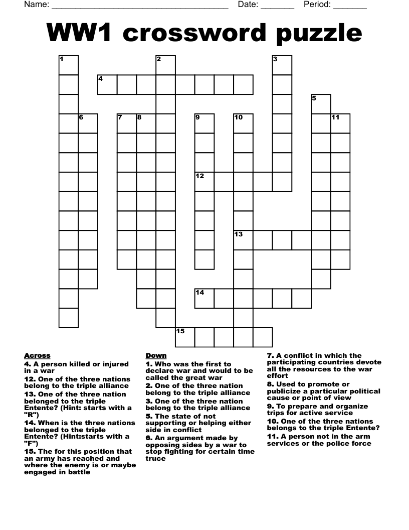 WW1 crossword puzzle 