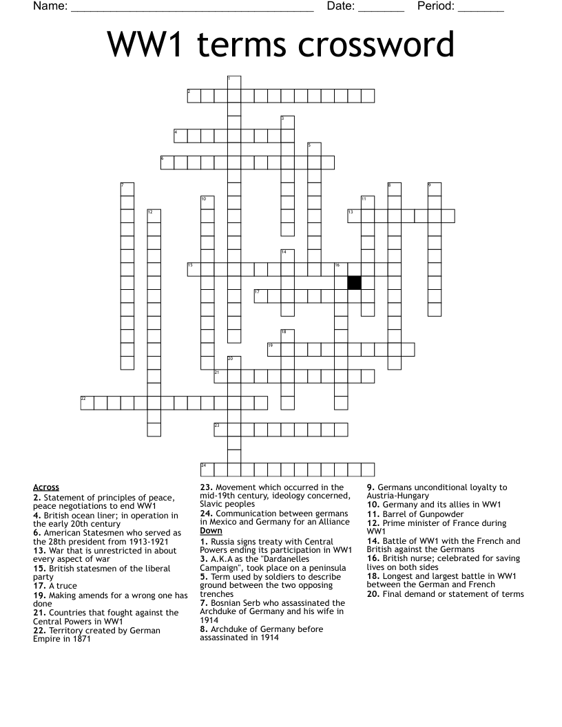 WW1 terms crossword