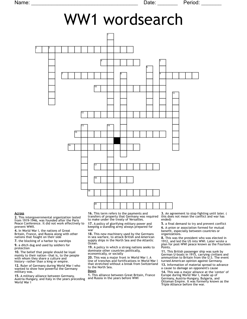 WW1 wordsearch Crossword