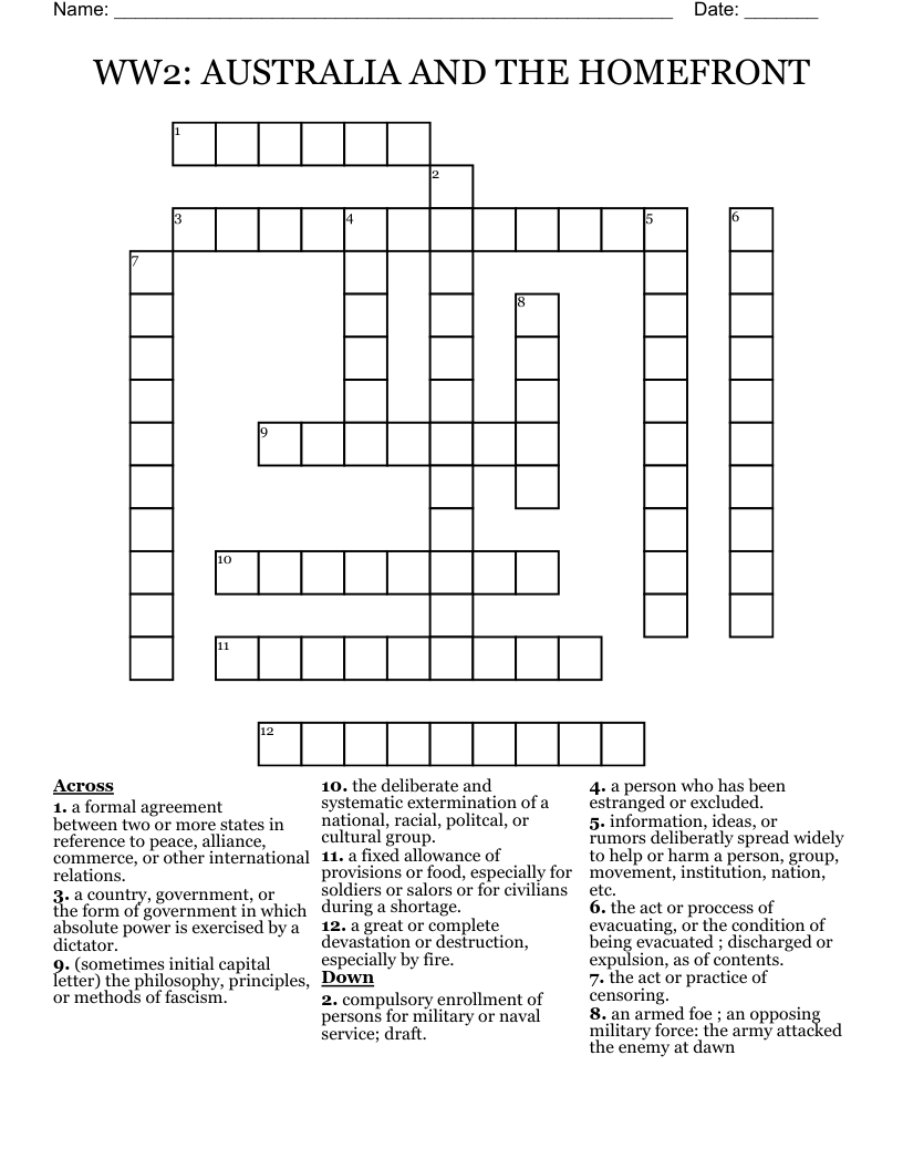 WW2: AUSTRALIA AND THE HOMEFRONT Crossword