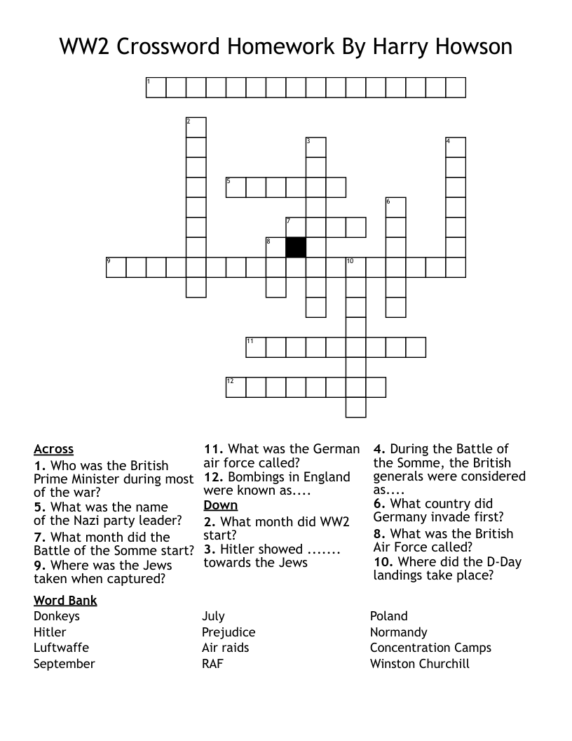 WW2 Crossword Homework By Harry Howson
