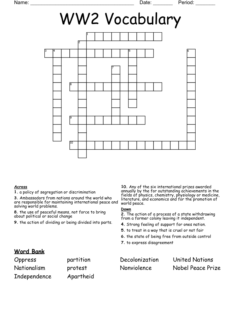 WW2 Vocabulary Crossword