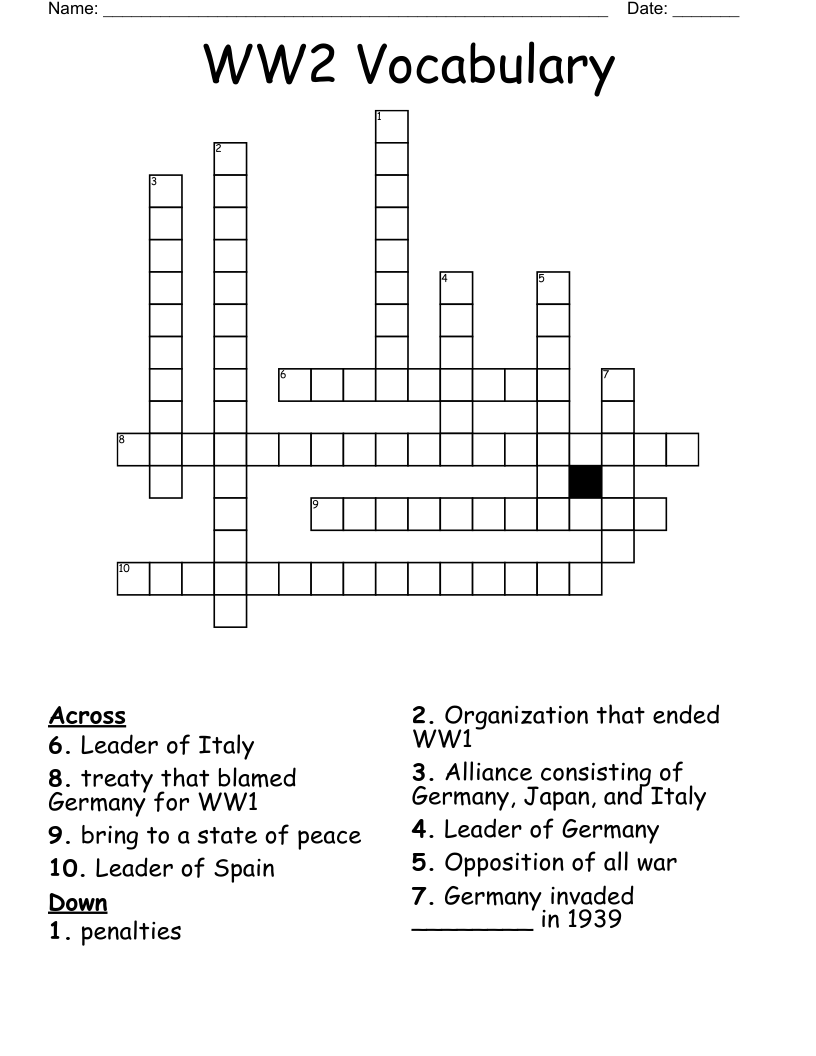 WW2 Vocabulary Crossword