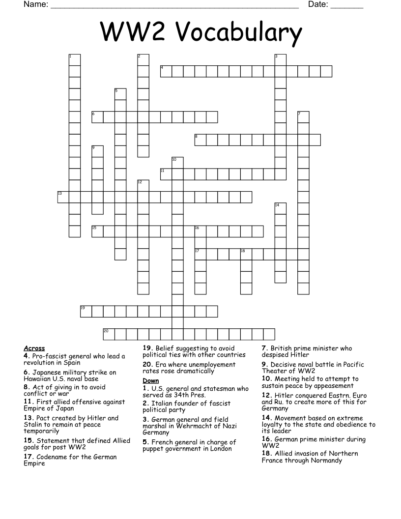WW2 Vocabulary Crossword