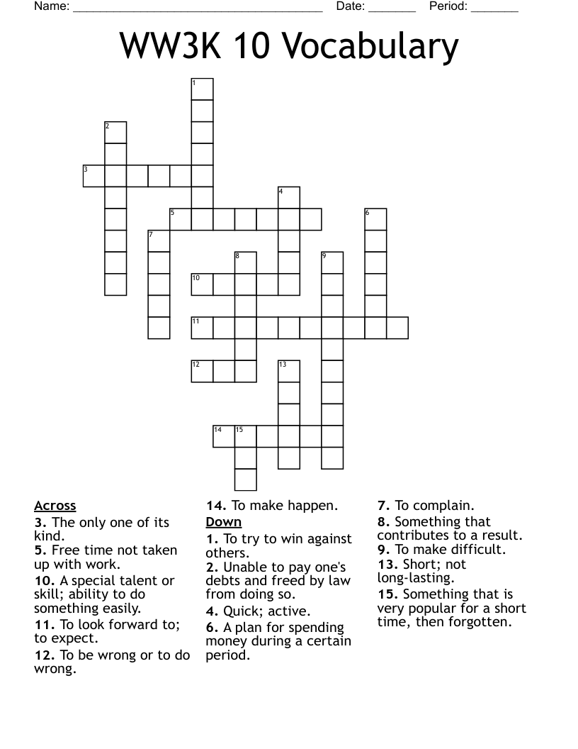 WW3K 10 Vocabulary Crossword