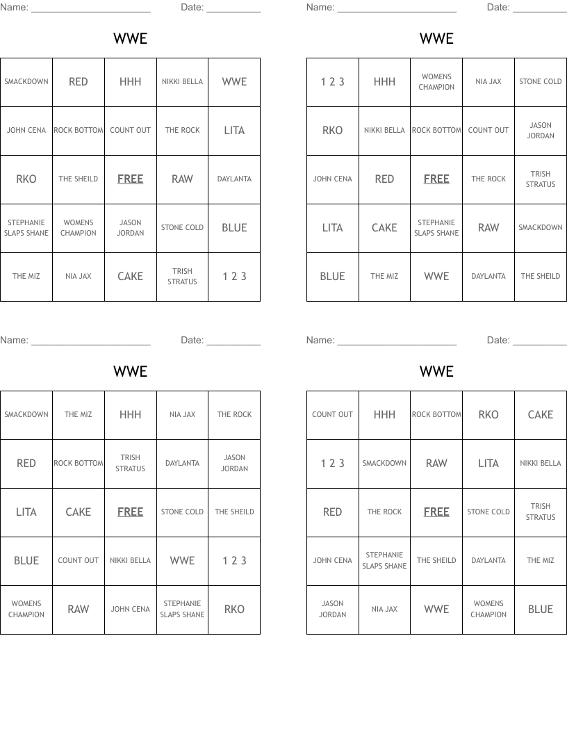 WWE Bingo Cards