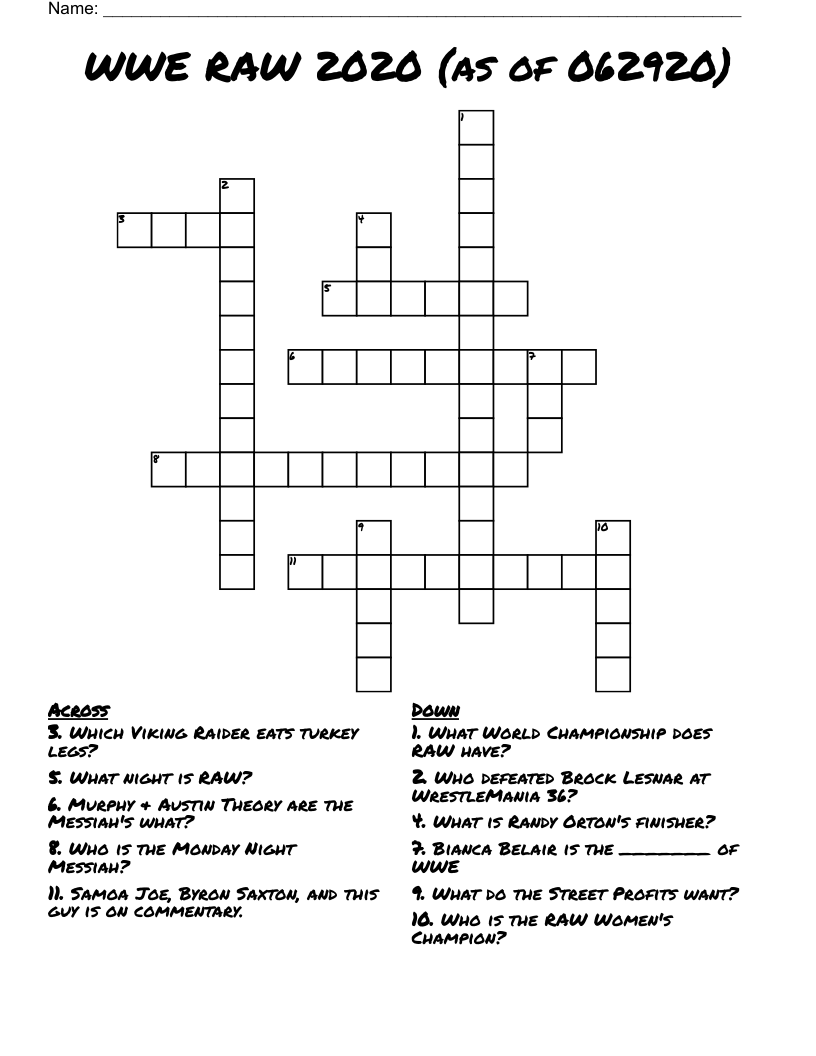 WWE RAW 2020 (as of 062920) Crossword