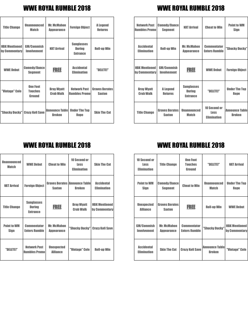 WWE ROYAL RUMBLE 2018 Bingo Cards