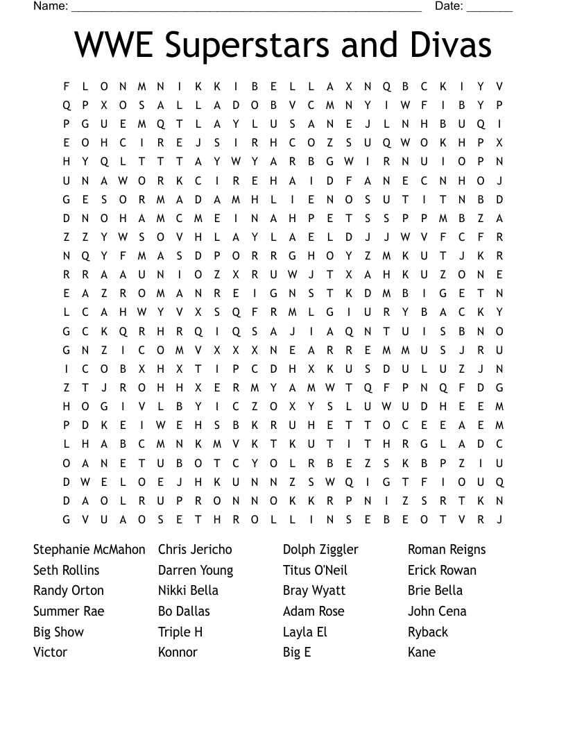 WWE Superstars and Divas Word Search