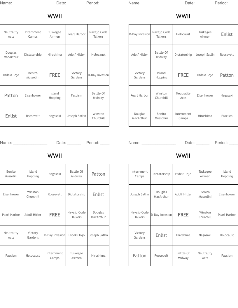WWII Bingo Cards
