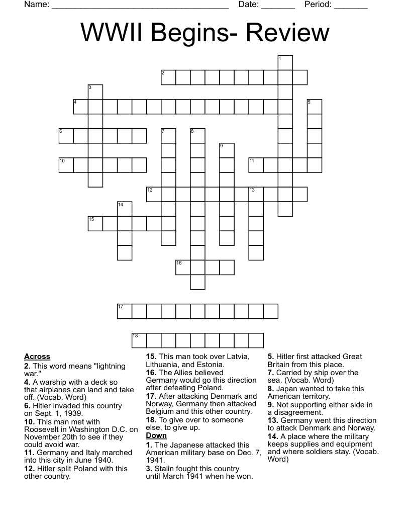 WWII Begins- Review Crossword