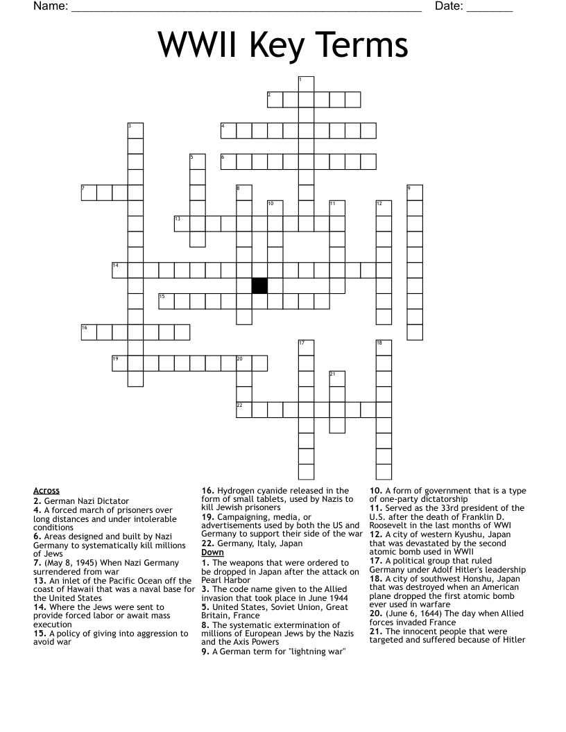 WWII Key Terms Crossword