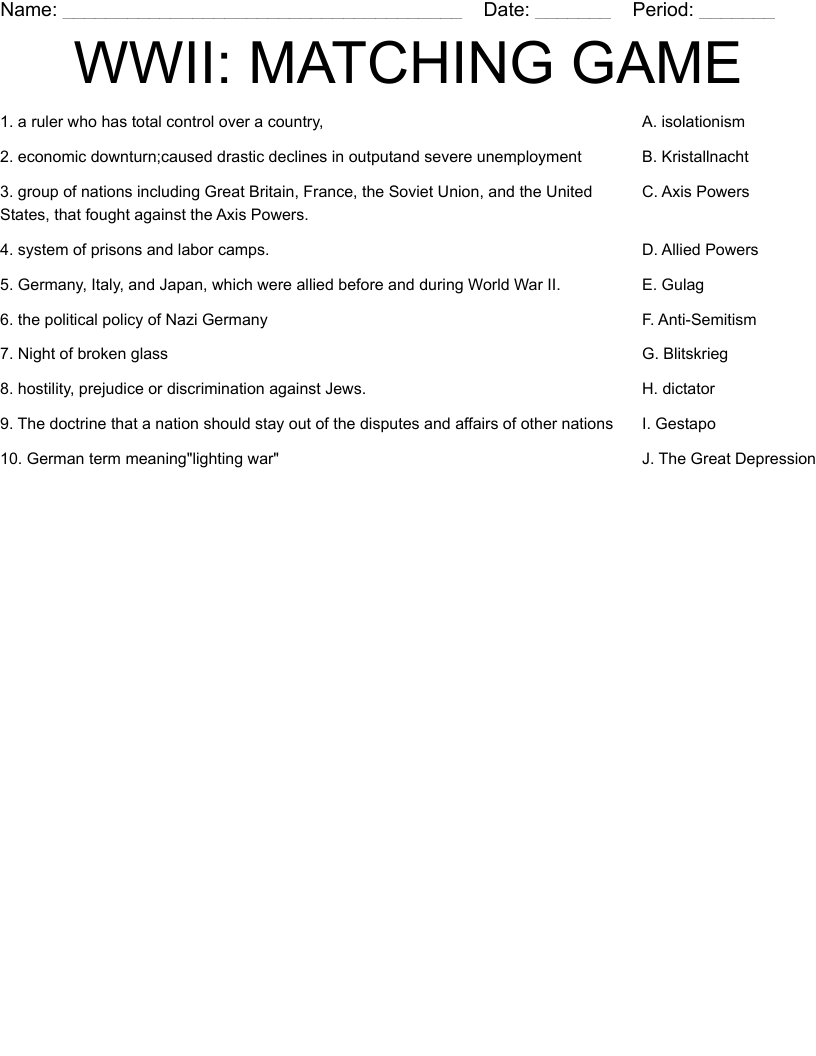 WWII: MATCHING GAME Worksheet