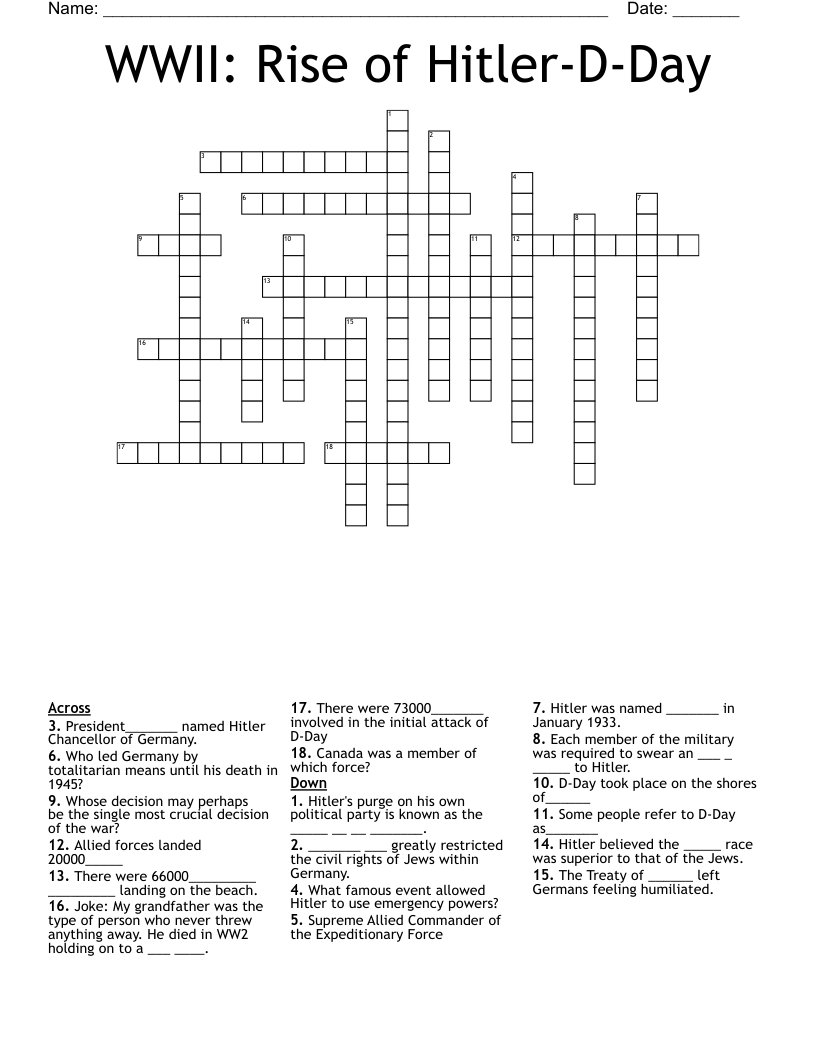 WWII: Rise of Hitler-D-Day Crossword