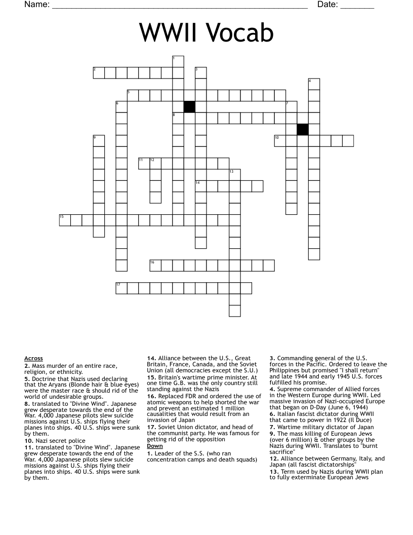 WWII Vocab Crossword
