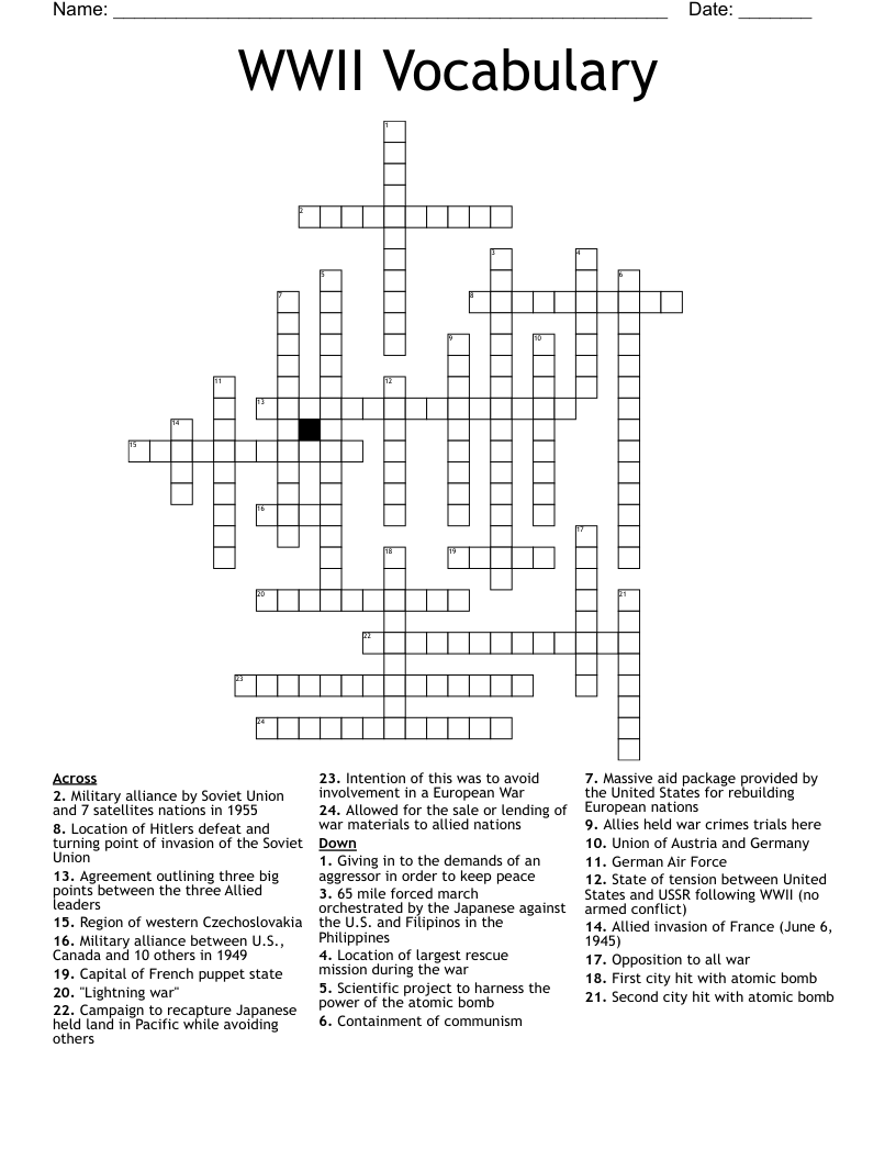 WWII Vocabulary Crossword