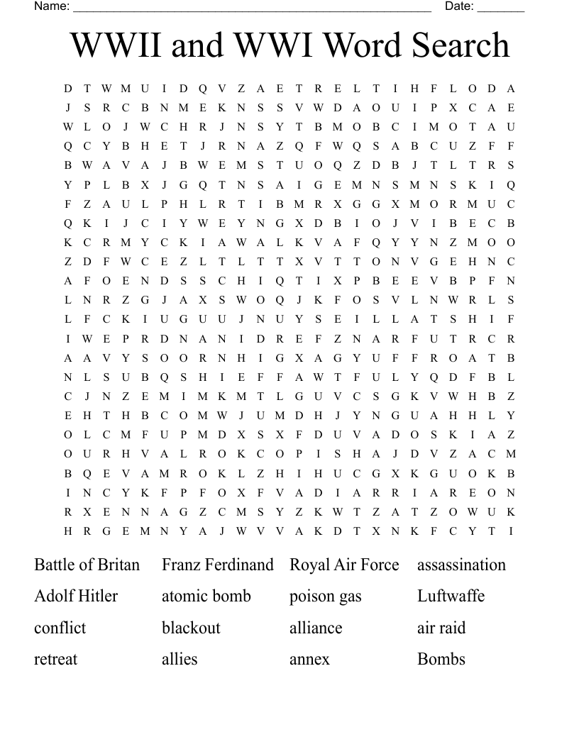 WWII  and WWI Word Search