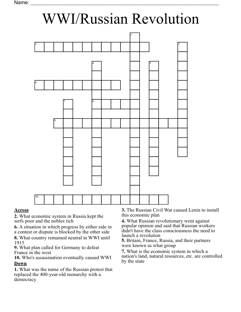 WWI/Russian Revolution  Crossword
