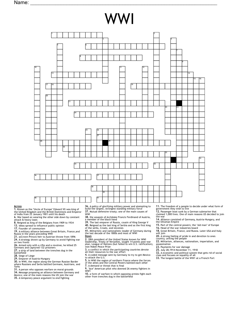 WWI Crossword