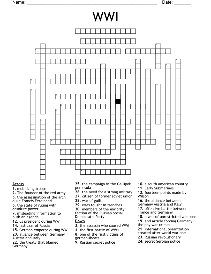 WWI Crossword