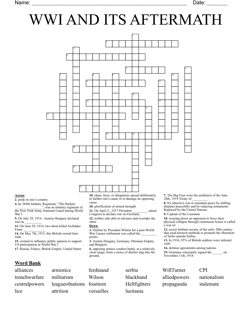 WWI AND ITS AFTERMATH  Crossword