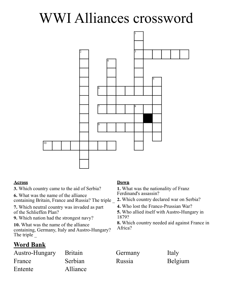 WWI Alliances crossword