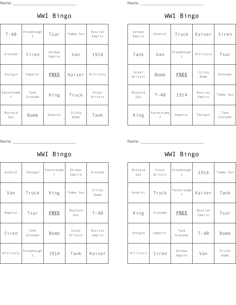 WWI Bingo