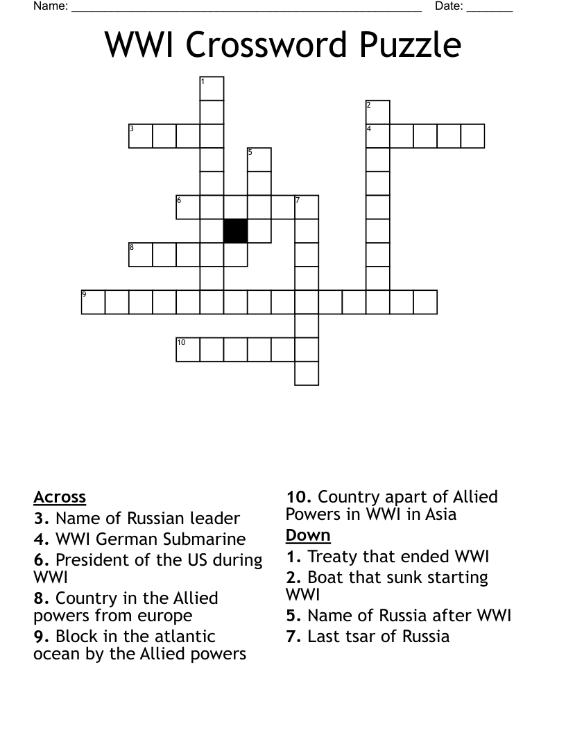 WWI Crossword Puzzle