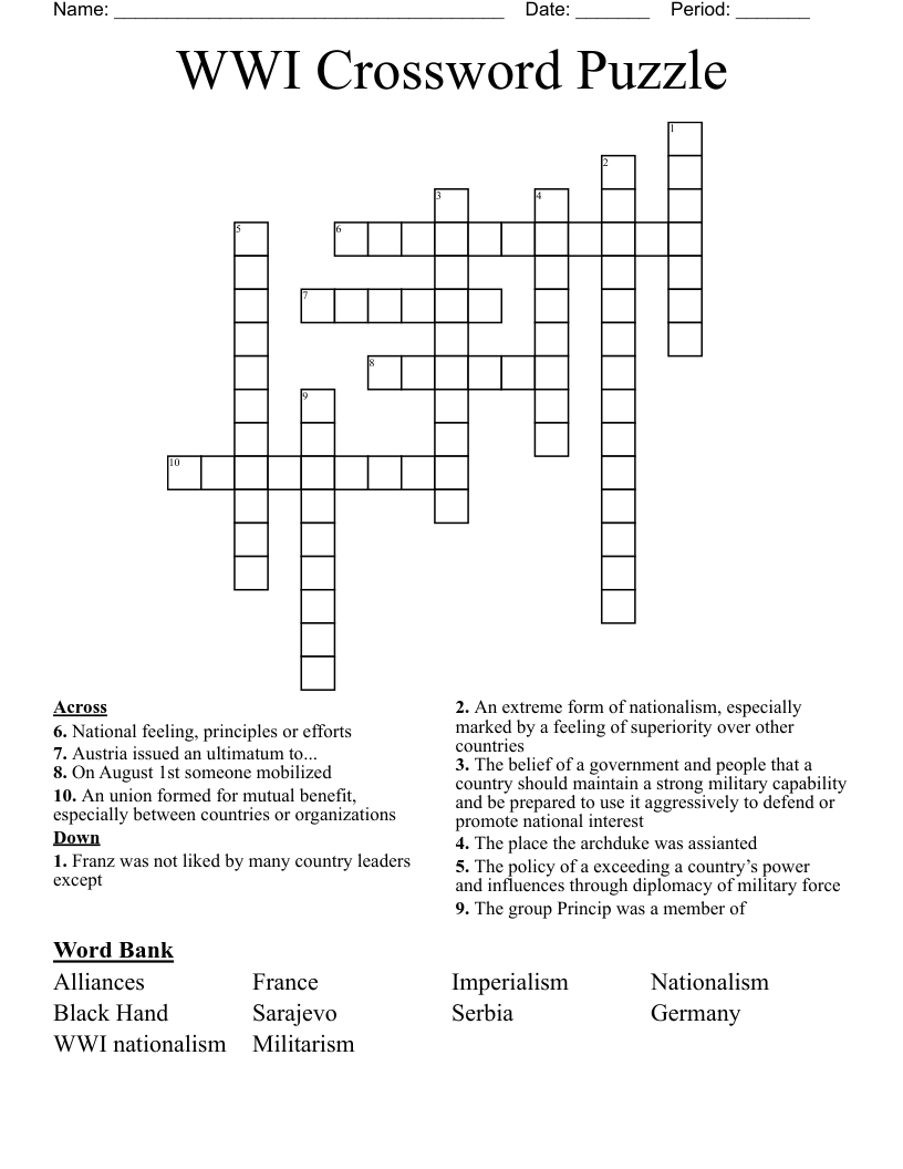 WWI Crossword Puzzle