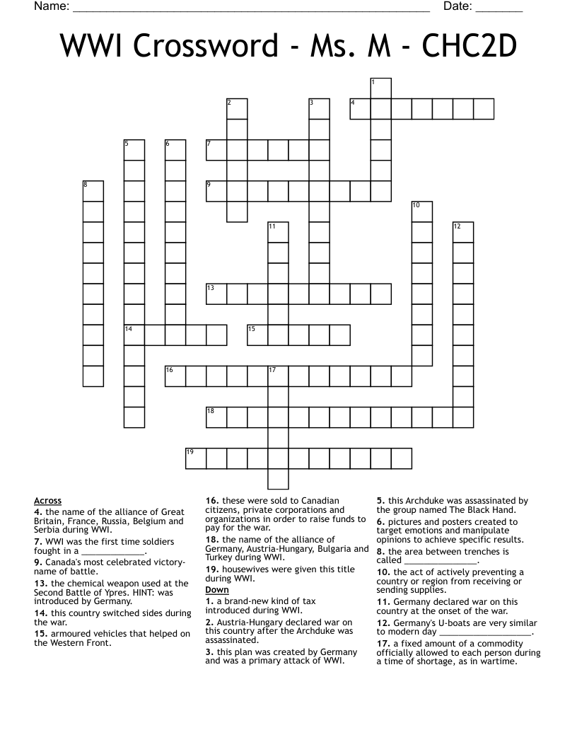 WWI Crossword - Ms. M - CHC2D