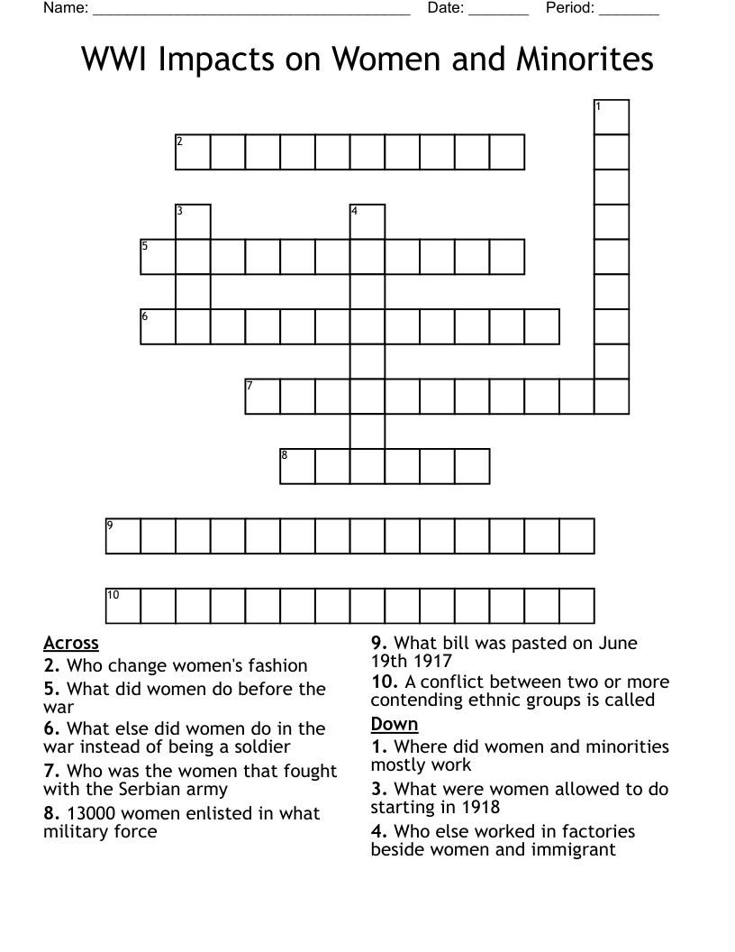 WWI Impacts on Women and Minorites  Crossword