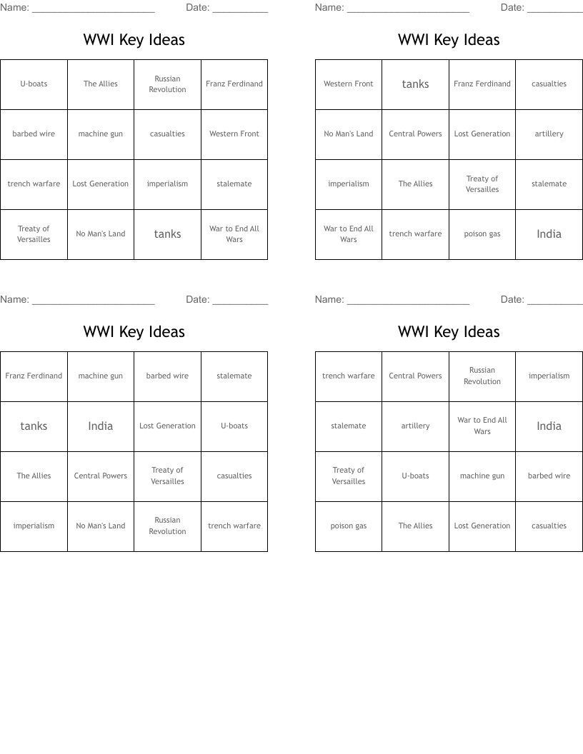 WWI Key Ideas Bingo Cards